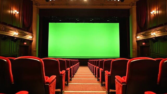 Empty vintage theater auditorium features rows of plush red seats leading toward a prominent stage with a vibrant green screen backdrop for production.