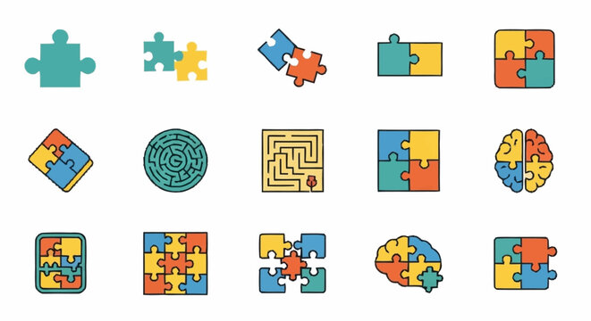Collection of Various Puzzle Pieces and Puzzles.