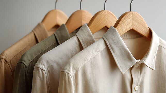 High quality image of row of neutral colored men's linen shirts hanging on wooden hangers.