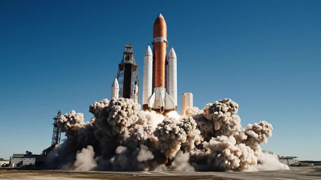 Powerful rocket launch from launchpad with huge exhaust plumes