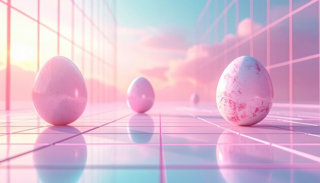 glossy pink easter eggs on grid floor, shiny 3d balls standing on futuristic neon background with pink clouds and perspective lines, retro synthwave style