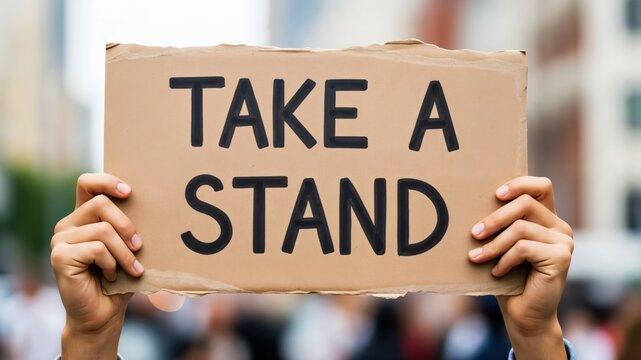 Young adult holding a cardboard sign saying Take A Stand at a grassroots social justice protest rally outdoors
