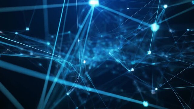 Digital glowing blue network of interconnected nodes and lines on dark background, symbolizing artificial intelligence, data communication, and complex systems.
