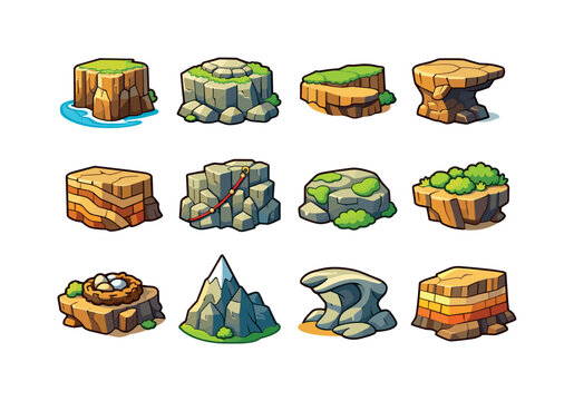 Colorful Cliffside Icons. Cliffside Terrain. Colorful isometric vector icons set of Cliffside Terrain: steep drop, rocky plateau, narrow ledge, cliff overhang,