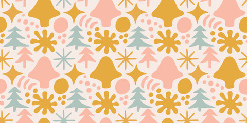 Obraz premium Boho holiday element pattern. Tropical palms, clouds, hearts, ceramic pots, groovy flowers, seamless beach bg. Scandinavian design. Organic shapes, retro vibes, and coastal summer pattern.