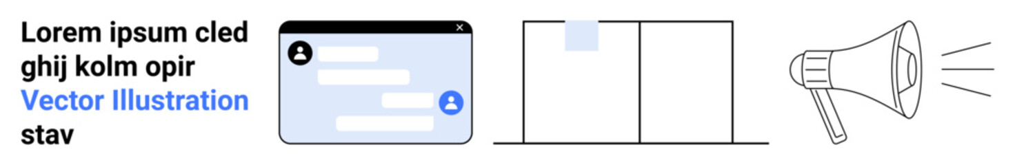 Obraz premium Digital marketing, interface design, business analytics, communication strategy, social media, professional networks. A chat interface, a chart and a megaphone. Communication strategy and digital