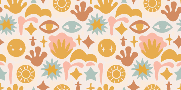 Boho mystical symbols pattern. Tropical palms, clouds, hearts, ceramic pots, groovy flowers, seamless beach bg. Scandinavian design. Organic shapes, retro vibes, and coastal summer pattern.