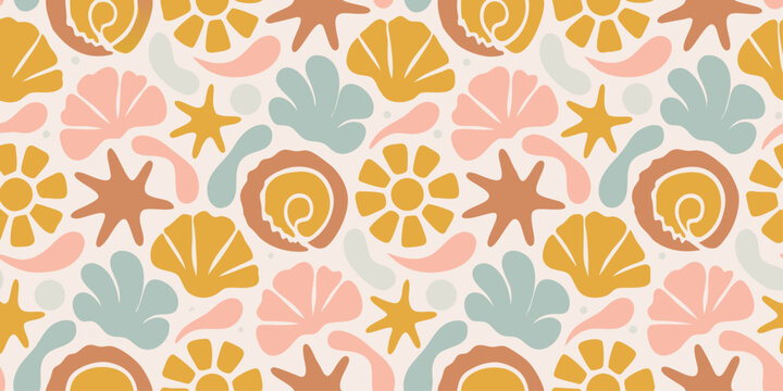 Boho ocean elements pattern. Tropical palms, clouds, hearts, ceramic pots, groovy flowers, seamless beach bg. Scandinavian design. Organic shapes, retro vibes, and coastal summer pattern.