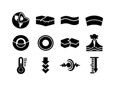 Earth Layers Icons. Earth Layers. Solid icon set of Earth Layers: Earth cross section, crust layer, upper mantle, lower mantle, outer core, inner core,