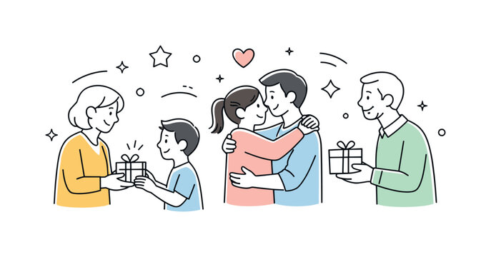 Festive family moment. Family members exchanging small gifts and greetings, focused on togetherness rather than celebration excess. Soft