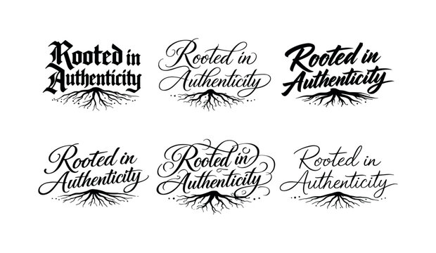   Rooted in Authenticity. Create a calligraphy lettering illustration of the phrase: Rooted in