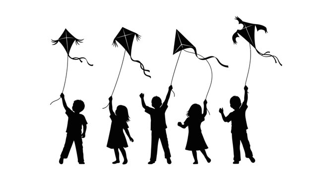 Children Flying Kites Silhouettes Against Sky.
