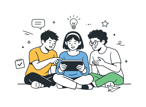 Learning together. A small group of peers reviewing notes on a tablet, pointing and exchanging thoughts in a relaxed setting. Cooperation,