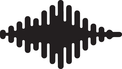 Symmetrical Sound Wave Icon Solid Audio Shape, Black solid symmetrical sound wave icon with dynamic waveform shape, representing audio signal, music visualization, voice recording and digital sound c
