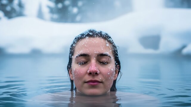 Young Caucasian woman enjoying contrast therapy in outdoor thermal hot spring during winter snowfall