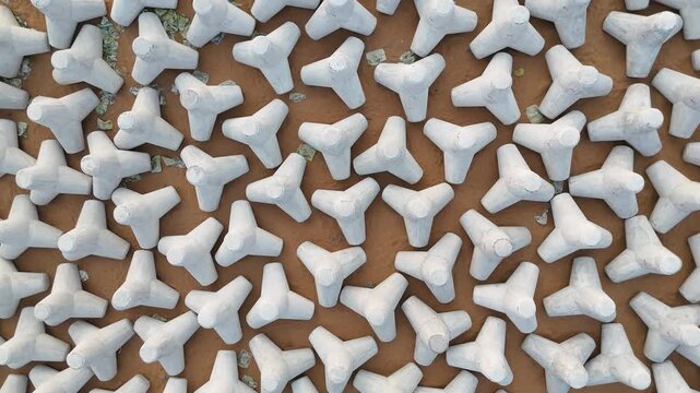 January 20, 2026 &ndash; Kerala, India: Drone top view of concrete tetrapods arranged on ground for shoreline stabilization and breakwater systems.