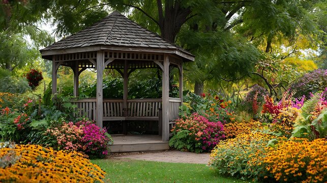 High quality image of wooden Gazebo Surrounded by Vibrant Flower Garden with Colorful Blooms and Lush Greenery.