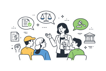 Fototapeta premium Legal advocacy for social change. A legal professional speaks with community members, explaining rights and procedures. Trust, guidance, and