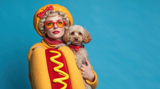 Woman in hot dog costume with dog wearing bow tie on blue background. Funny pet owner concept for carnival party or event.