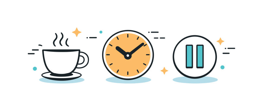   Short breaks. Abstract scene with floating icons of coffee, clock, and pause symbol. Concept of micro-rest and healthy productivity rhythm.