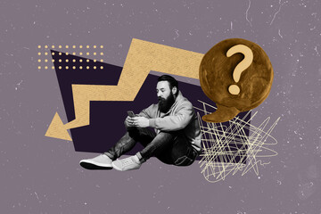 Creative full art image collage of serious businessman surf phone question mark ponder bubble arrow regress statistics crisis © deagreez