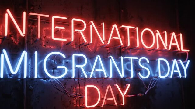 International Migrants Day neon sign glowing on a dark wall