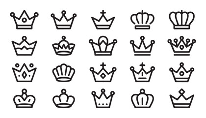 Assortment of stylish crown icons, delicate line art, signifying sovereignty and high status, white background © Lover