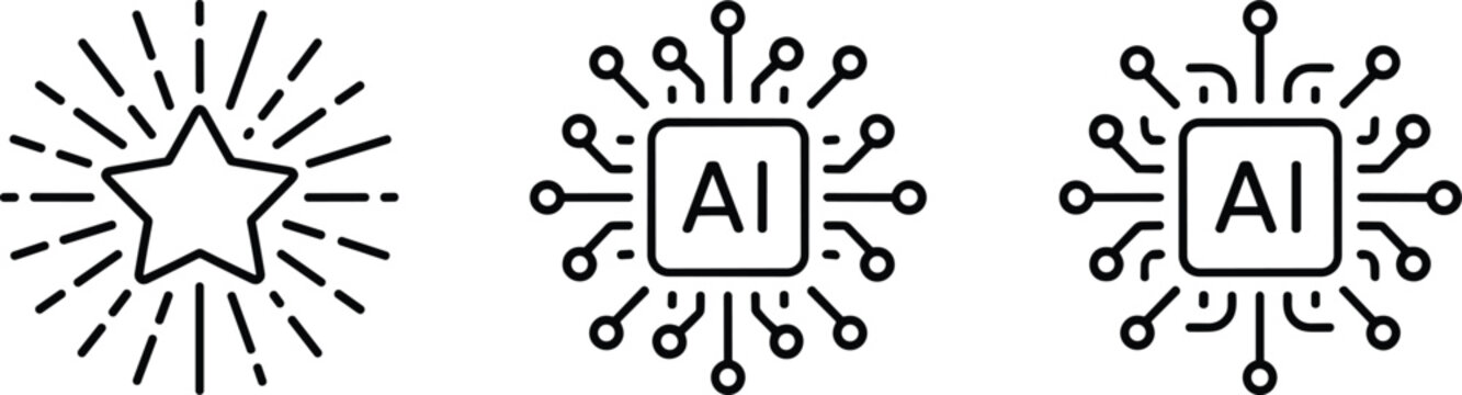 Black line art icons featuring a glowing star burst and artificial intelligence processor chips representing innovation smart technology and digital transformation