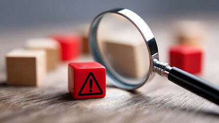 High quality image of magnifying glass focusing on a red block with a warning symbol.