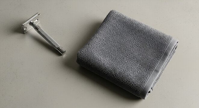 Grey Towel and Shaving Razor on a Flat Surface