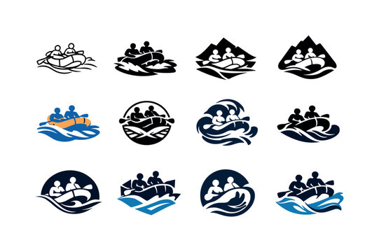 River rafting. Icon set. Set Logo of River rafting: inflatable raft on rapids. harmonious logo variations of the same emblematic concept,