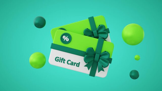3D gift cards with a bow and discount icon. Holiday certificate in green tones. Concept for loyalty programs, holiday sales, gift certificates, corporate gifts, and marketing promotions. 4K animation.
