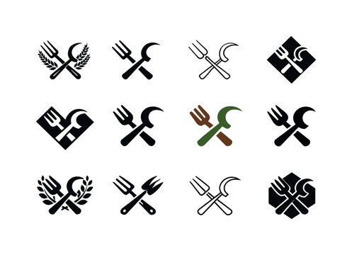    Peasantry. Icon set. Set Logo of Peasantry: farming tools crossed. harmonious logo variations of the same emblematic concept, each with