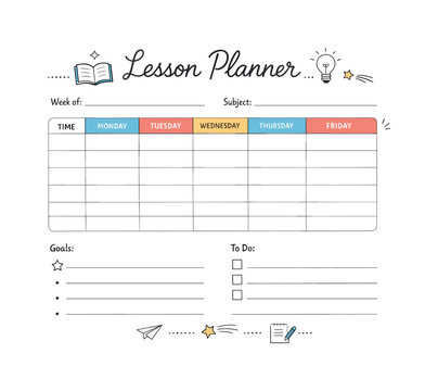 Printable lesson planner page. Empty timetable blocks and headings on a single sheet, ready to be filled in. Simple and practical design with