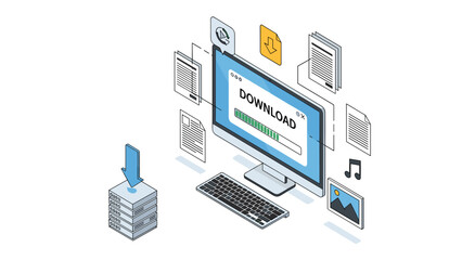 Computer desktop display shows a file download in progress with various document icons floating around the user interface.