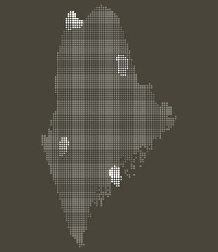 Maine State Grey and White Dotted Map on Brown for Renewable Wind and Solar Infrastructure. Maine state dotted map.