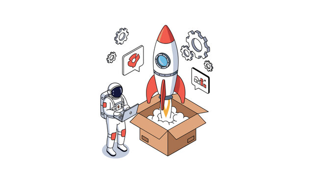 Astronaut scientist launches a red and white rocket out of a cardboard shipping box to symbolize a successful startup launch.