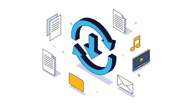 Synchronization process concept featuring blue circular arrows and various digital media files like video music and documents for data backup.
