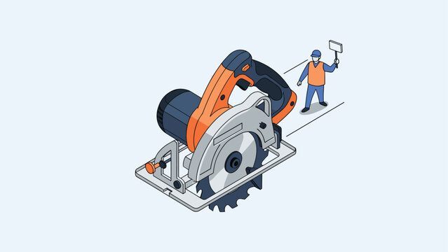 Industrial woodworking and construction equipment concept featuring large circular power saw with worker directing operations.