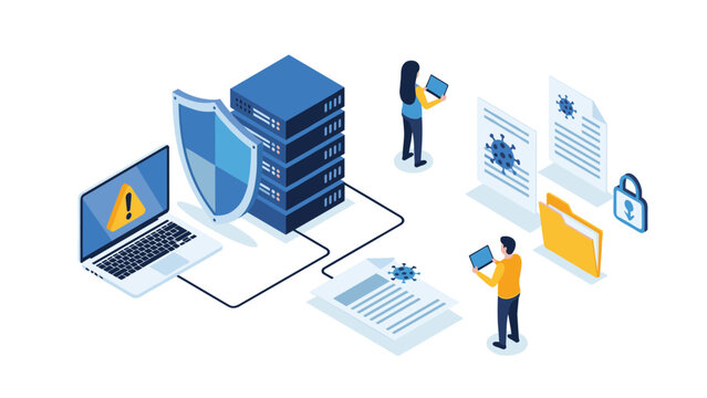 Cybersecurity threat detection and malware prevention concept with team monitoring server systems and digital files for virus protection.