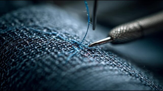 Close-up of a sewing machine needle stitching blue thread into dark fabric.
