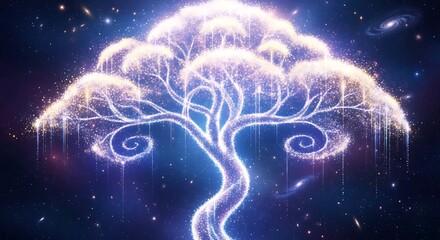 Obraz premium Glowing cosmic tree formed by sparkling stardust standing against deep space galaxy background. Fantasy concept
