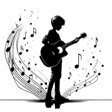 Black and White Vector Silhouette of a Boy Playing Guitar
