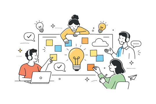 Creative Collaboration Flow. Online brainstorming session. A group adding ideas to a virtual whiteboard, sticky notes and lightbulb icons floating, creative