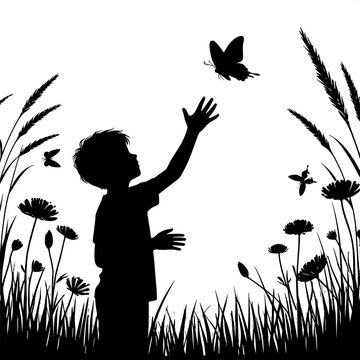 Black and White Vector Silhouette of a Boy Catching a Butterfly