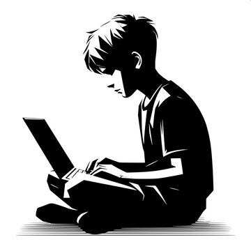 Black and White Vector Silhouette of a Boy Using a Laptop