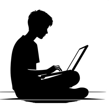 Black and White Vector Silhouette of a Boy Using a Laptop