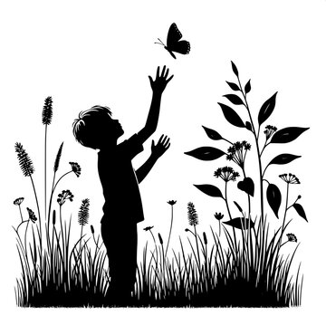 Black and White Vector Silhouette of a Boy Catching a Butterfly