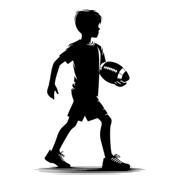 Black and White Vector Silhouette of a Boy Carrying a Football