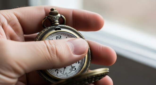 Hand holding vintage pocket watch closeup.